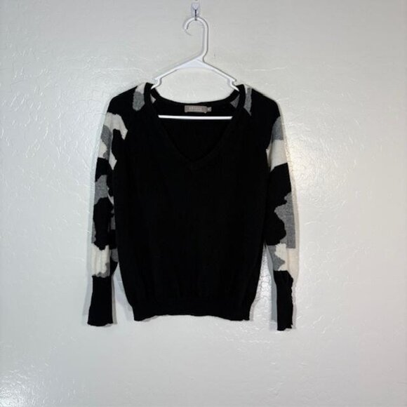 Brodie Cashmere Sweater Womens Small Black Gray White V Neck Intarsia Sleeves - Picture 1 of 8